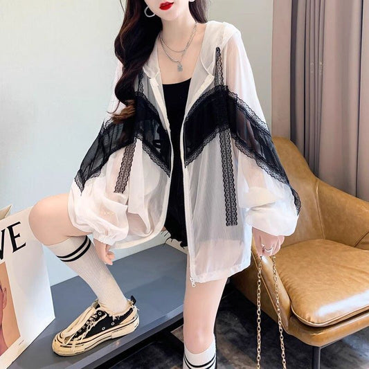 超人気 レース おしゃれ度高め 切り替え 日焼け対策 全2色 パーカー コートE-9143