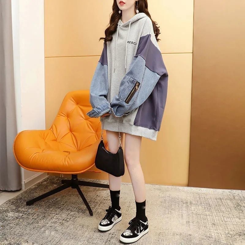 【人気急上昇中】売れ筋 切り替え デニム ゆったり フード付き パーカー E-2101