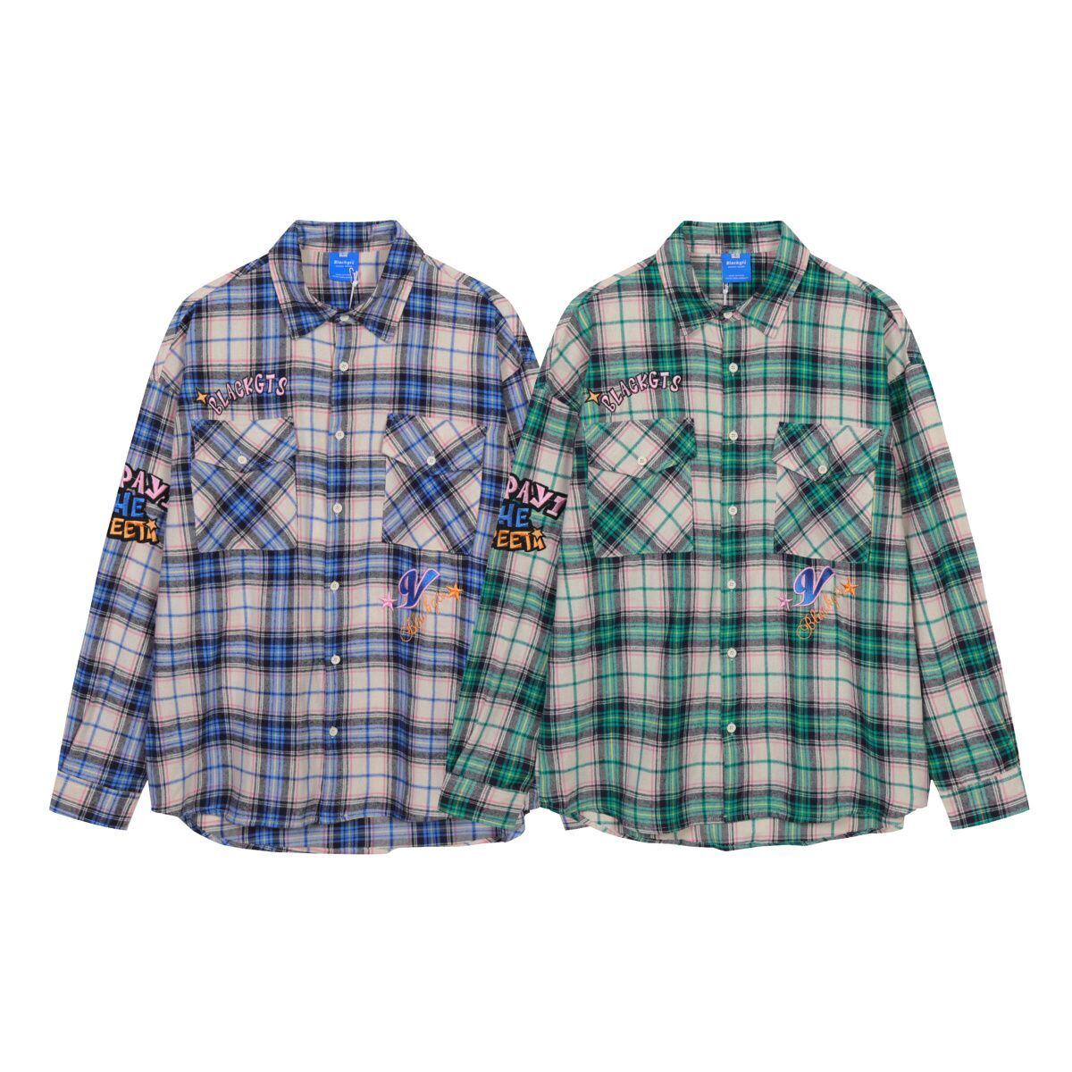 存在感抜群 カジュアル トレンドアイテム チェック柄 刺繍 全2色 シャツ E-9163