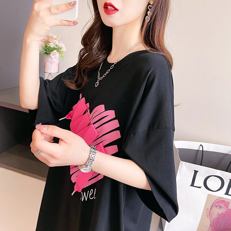 柔らかくて優しい印象 ゆったり ファッション感満々 ロング丈 3色半袖TシャツE-9206