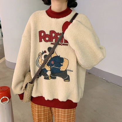 韓国系ふわふわグラフィックロゴボアスウェットトップス全2色E-4208