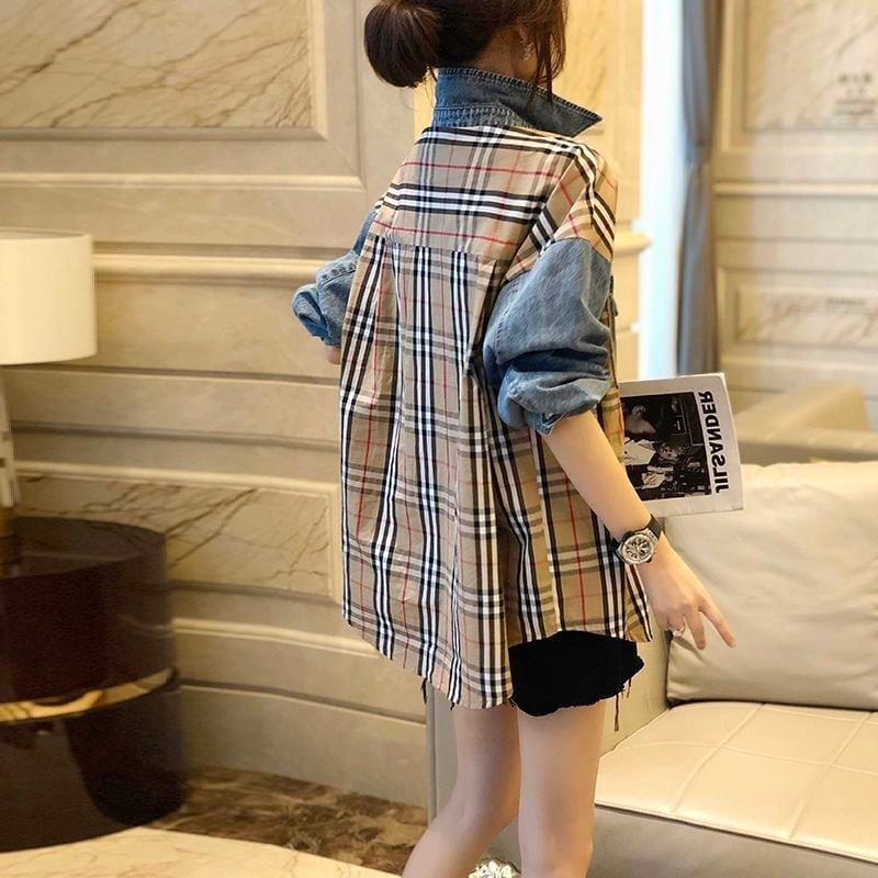 大好評 ファッション 売り切れ必至 チェック柄 切り替え デニム Tシャツ E-9220