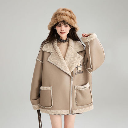 高級感溢れる 革ファッション厚い暖かいフェイクシャーリングジャケットコート ファッション感満々 E-9884