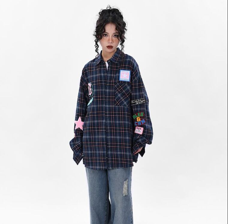 新商品 アバンギャルド 大活躍 カジュアル 刺繍 チェック柄 全2色 男女兼用 シャツ E-9167