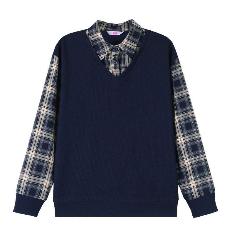 売り切れ必至 着心地良い スタイルアップ チェック柄 レイヤード風 トップスE-9515