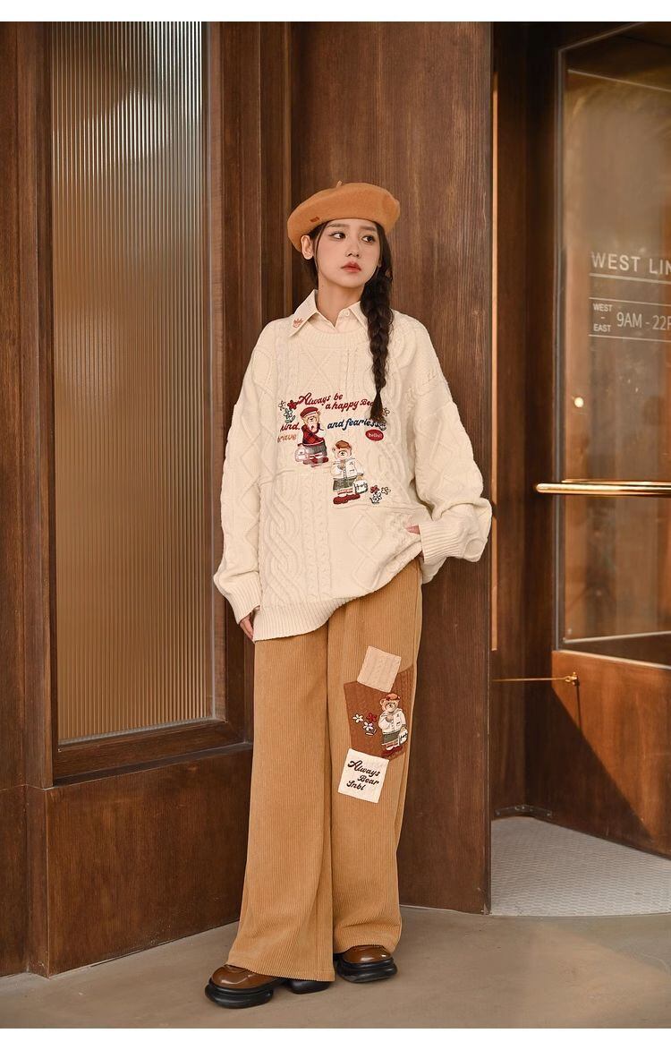 超人気 気質アップ 絶対欲しい Vネック 刺繍 切り替え2色選択 ニットトップスE-9577