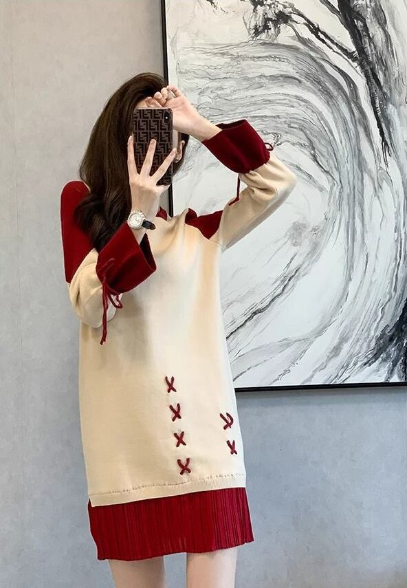 話題沸騰中 オシャレ 都市ファッショ デザイン 切り替え 2色選択可 ニットワンピース E-9722