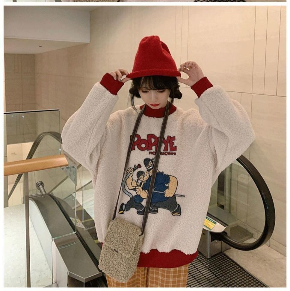 韓国系ふわふわグラフィックロゴボアスウェットトップス全2色E-4208