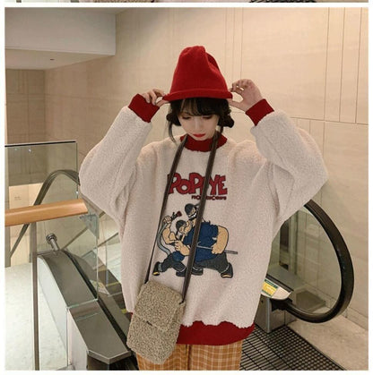 韓国系ふわふわグラフィックロゴボアスウェットトップス全2色E-4208