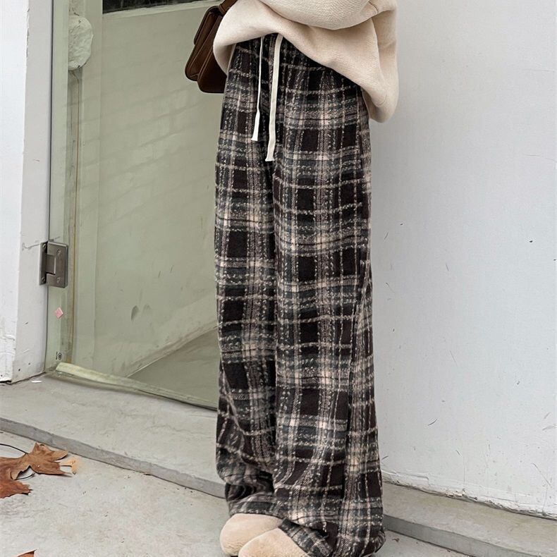 着回し力抜群 チェック柄 おしゃれ度高め 3色選択 ウールワイドレッグパンツ E-9757