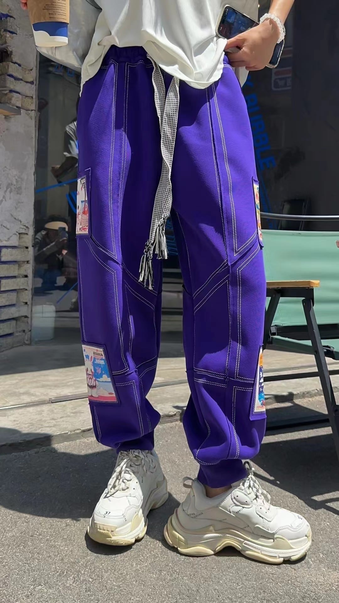 大活躍 高見えデザイン スタイルアップ効果抜群 切り替え プリント 全4色 カジュアルパンツE-9358