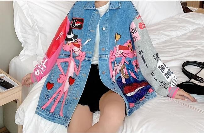 人気爆発中 ピンク プリント スパンコール 切り替え デニムジャケットiEf-4039