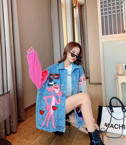 人気爆発中 ピンク プリント スパンコール 切り替え デニムジャケットiEf-4039