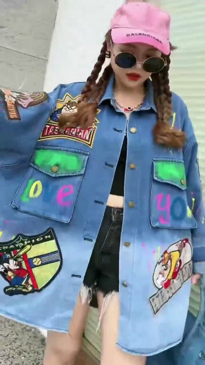 大活躍 刺ロゴ 落書きストレート系 デニムジャケットゆったりコートiEf-4764