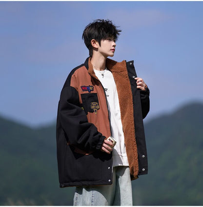 【裏起毛】質感のいい 配色切替 リバーシブル 裏ボア  オーバーサイズ ジャケットE-12581