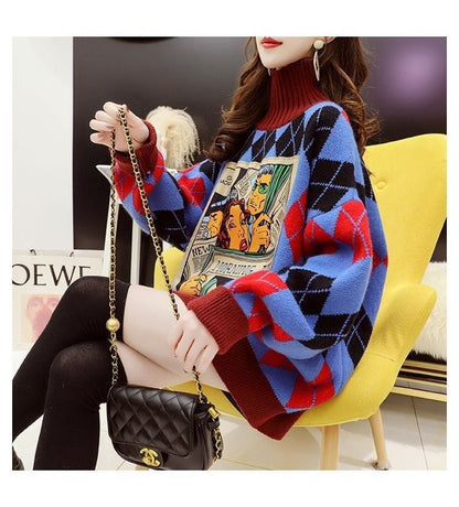 超人気配色チェック柄グラフィックロゴニットセーターハイネック3色ありE-4328