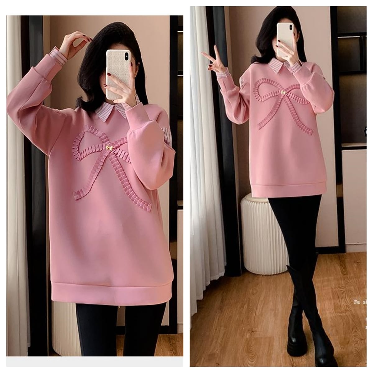 好感度UP レイヤード風 柔らかくて優しい印象 切り替え プラスベルベット 全3色 スウェットE-9809