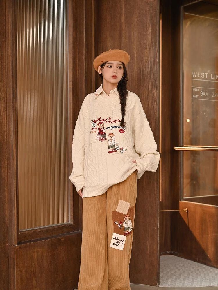 超人気 気質アップ 絶対欲しい Vネック 刺繍 切り替え2色選択 ニットトップスE-9577