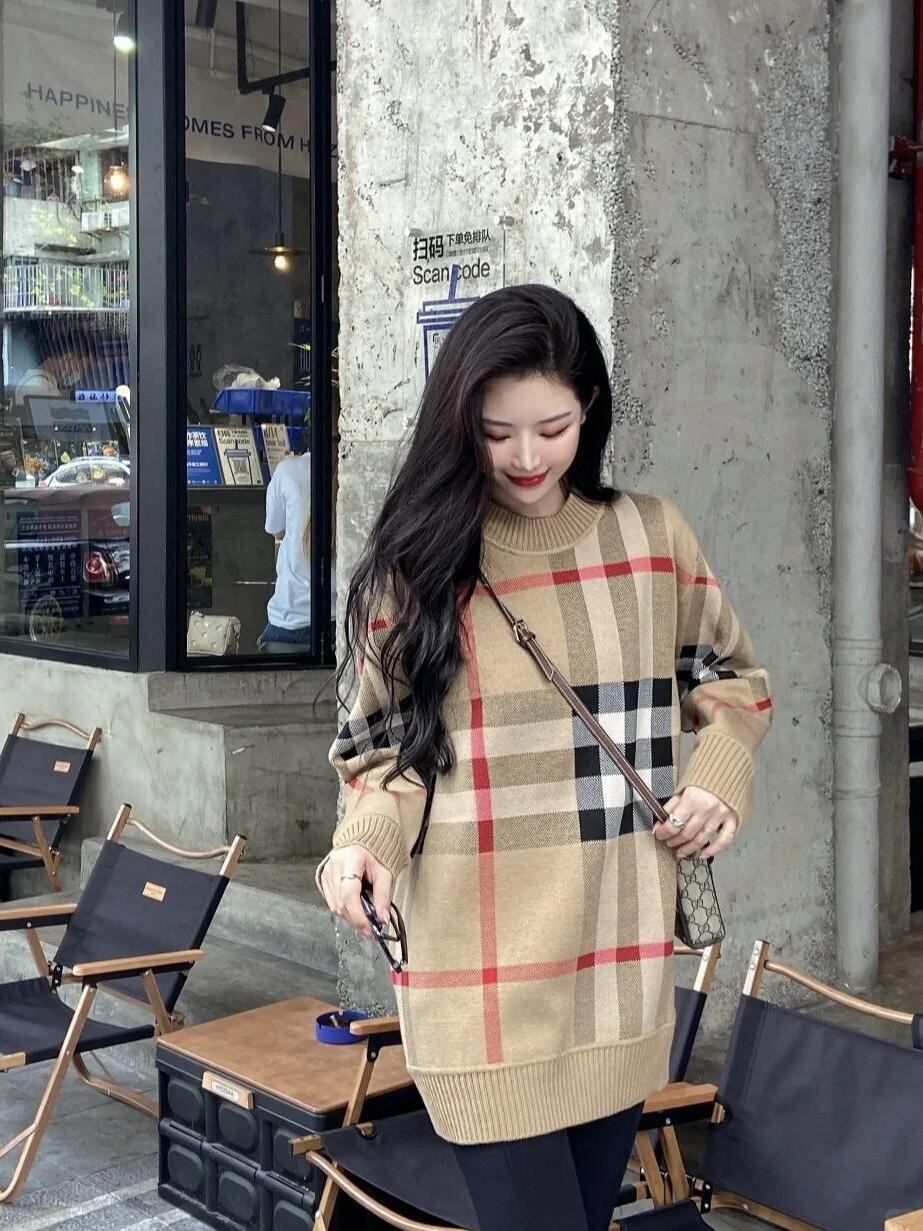 レトロ ラウンドネック オシャレ度満点 チェック柄 長袖 ニット セーターE-6808