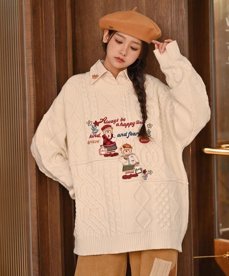 超人気 気質アップ 絶対欲しい Vネック 刺繍 切り替え2色選択 ニットトップスE-9577