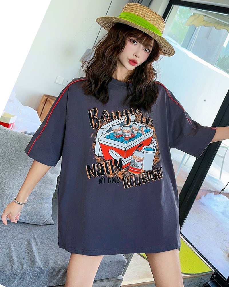 着せ ビッグロゴ ゆったり ロングTシャツ 半袖 ワンピース<ins-4859>