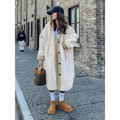 着回し力抜群 暖かい服,ゆったりとしたアウターウェア カジュアル フェイク ラムウール ロング コート E-9983