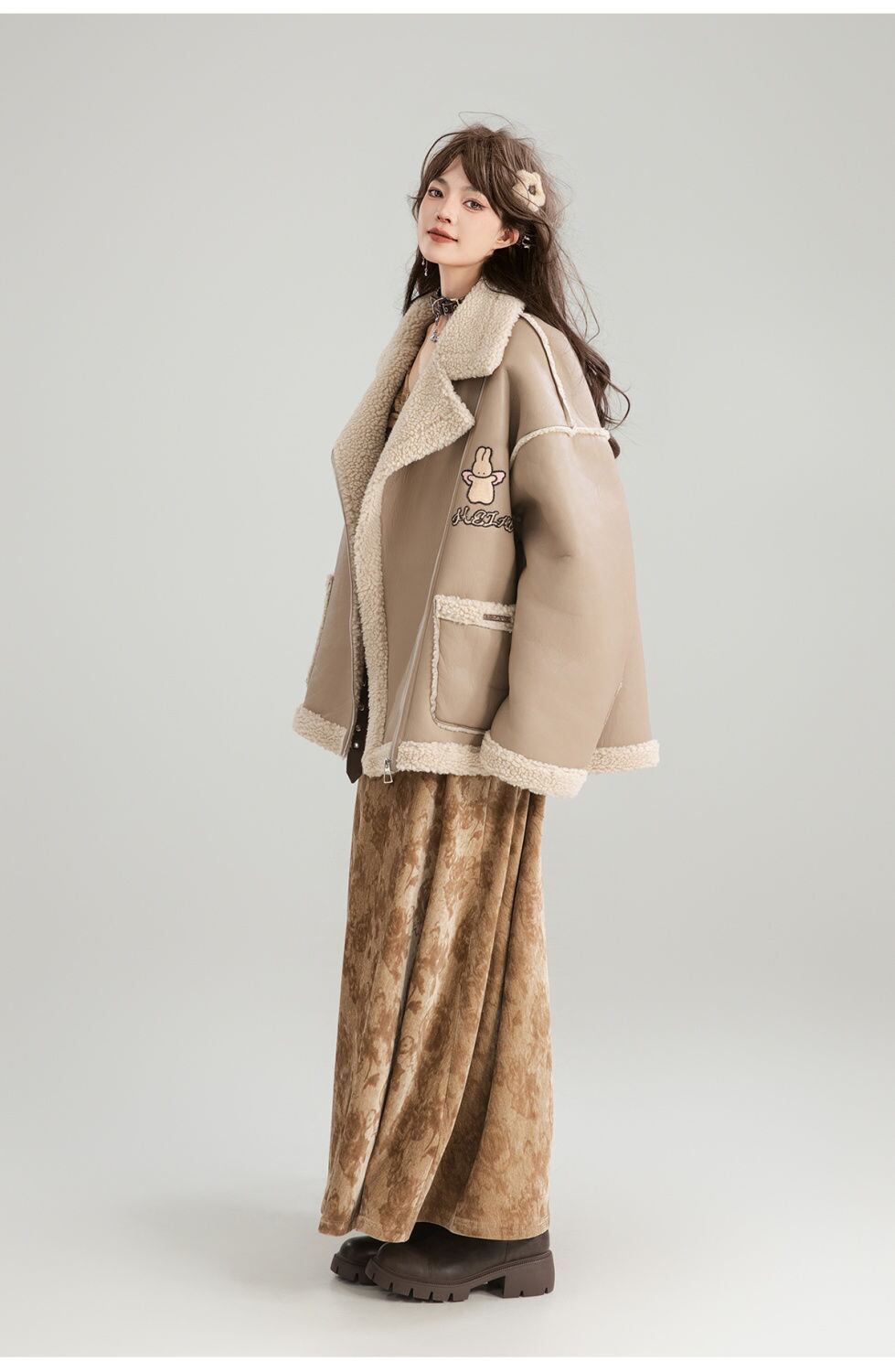 高級感溢れる 革ファッション厚い暖かいフェイクシャーリングジャケットコート ファッション感満々 E-9884