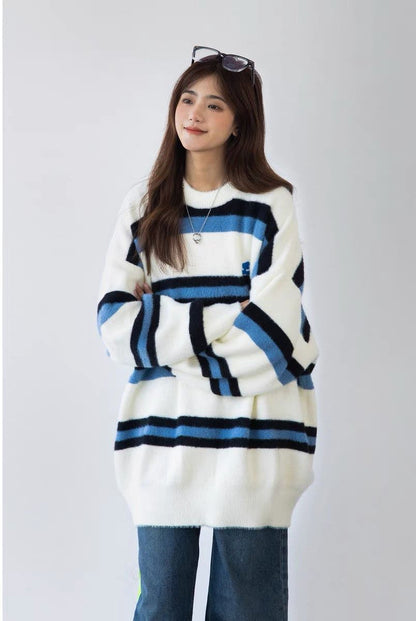大活躍 カジュアル 柔らかくて優しい印象 ストライプ柄 2色選択ニットトップスE-9938