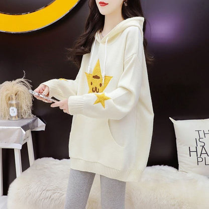 大人可愛い星柄ロゴゆったりフード付きニットパーカ全2色トップスE-4782