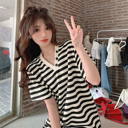 スタイルアップ 上質 美人度アップ リボン ストライプ柄 ワンピースE-9202