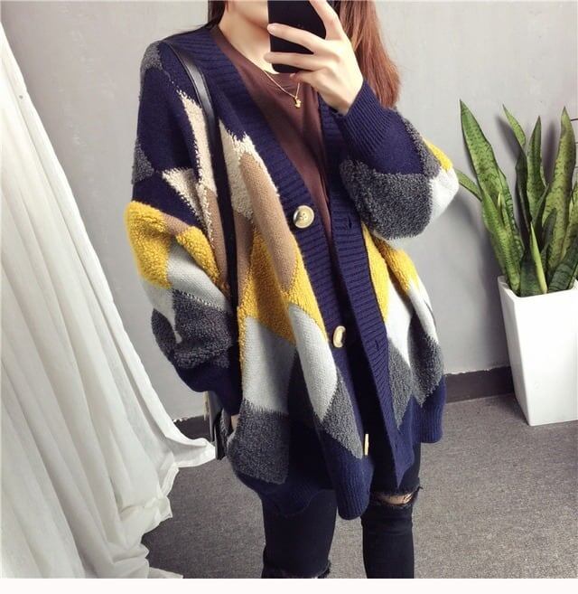 アーガイル オーバーサイズ ボア ニットカーディガン iEf-3833