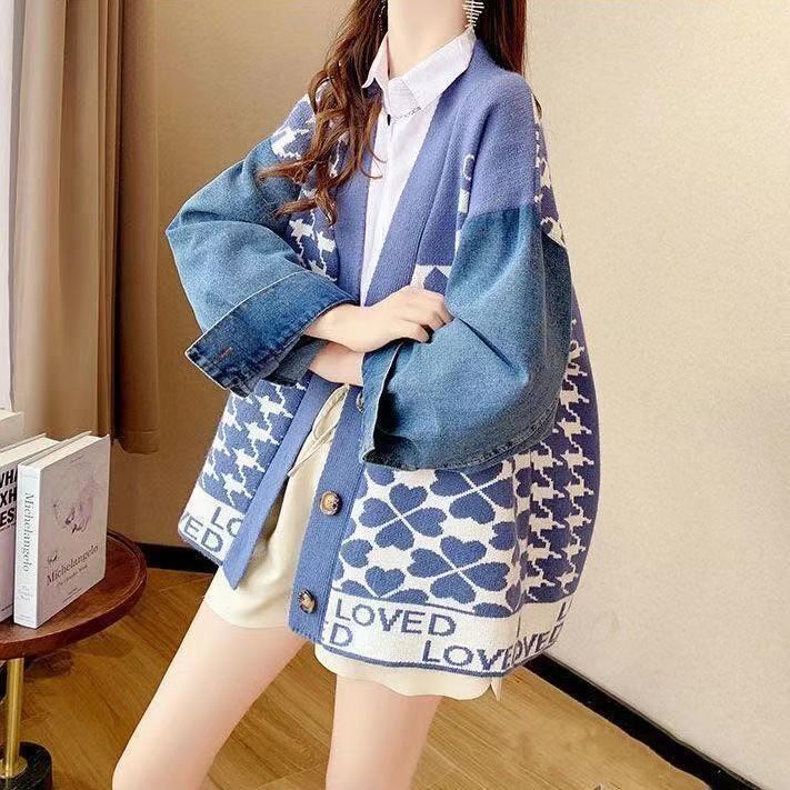 都市ファッショ デザイン オシャレ デニム切り替え 全2色 ニットカーディガンE-9377