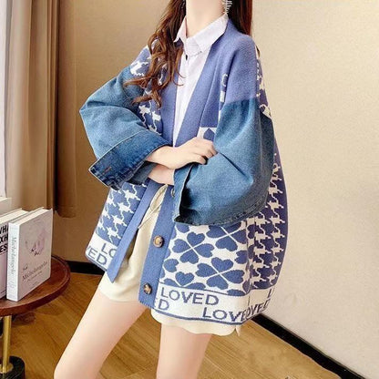 都市ファッショ デザイン オシャレ デニム切り替え 全2色 ニットカーディガンE-9377