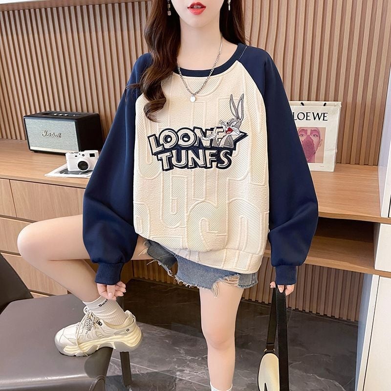 合わせやすい刺?ロゴゆったり厚手ラグランスリーブ   スウェット全2色E-4613