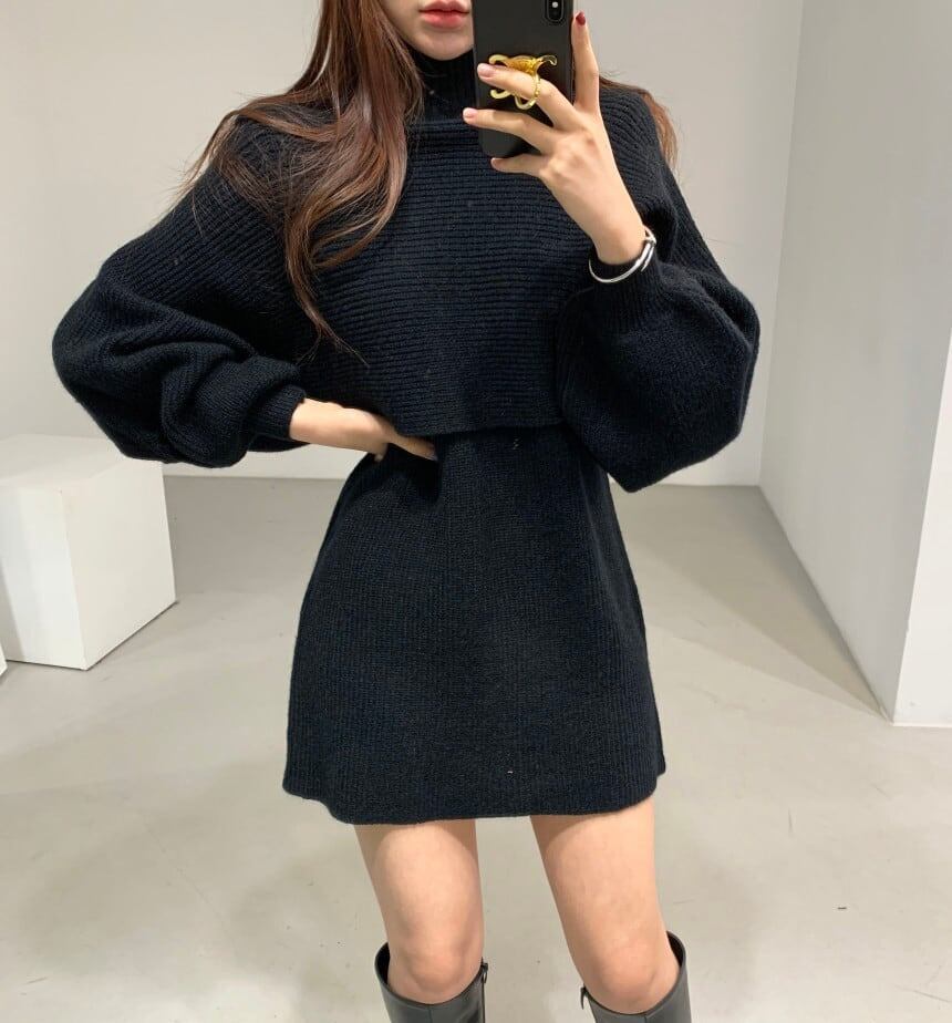美感いっぱい ハイネック 気質溢れる セーター＋ワンピース セットアップE-2700