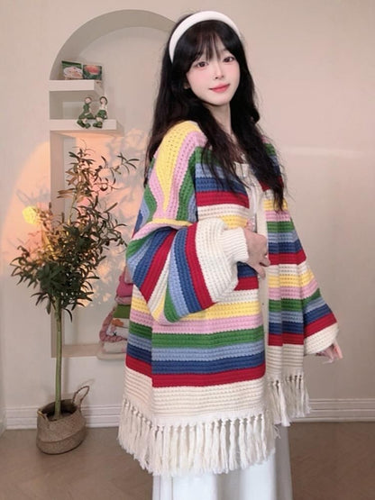 人気爆発中 タッセル 柔らかくて優しい印象 カラーマッチング ニットトップスE-10574