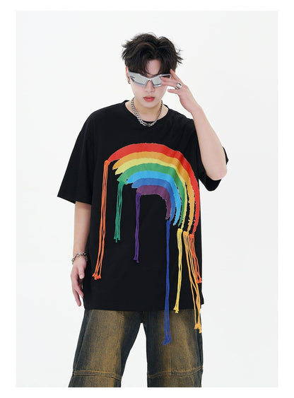 好感度UP 虹ロゴ タッセル ゆったり Tシャツ 全2色 ユニセックス半袖E-4863