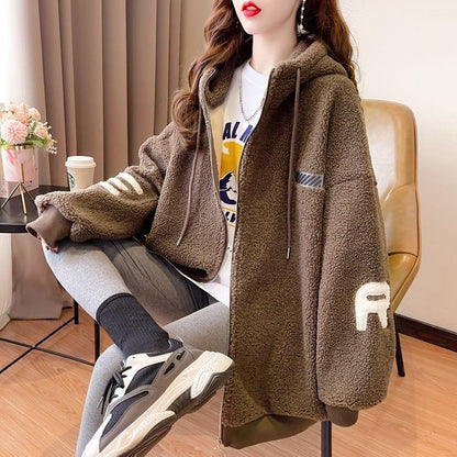 好感度UPアルファベットロゴボアフルジップパーカー 厚手トップス 全4色 E-4443