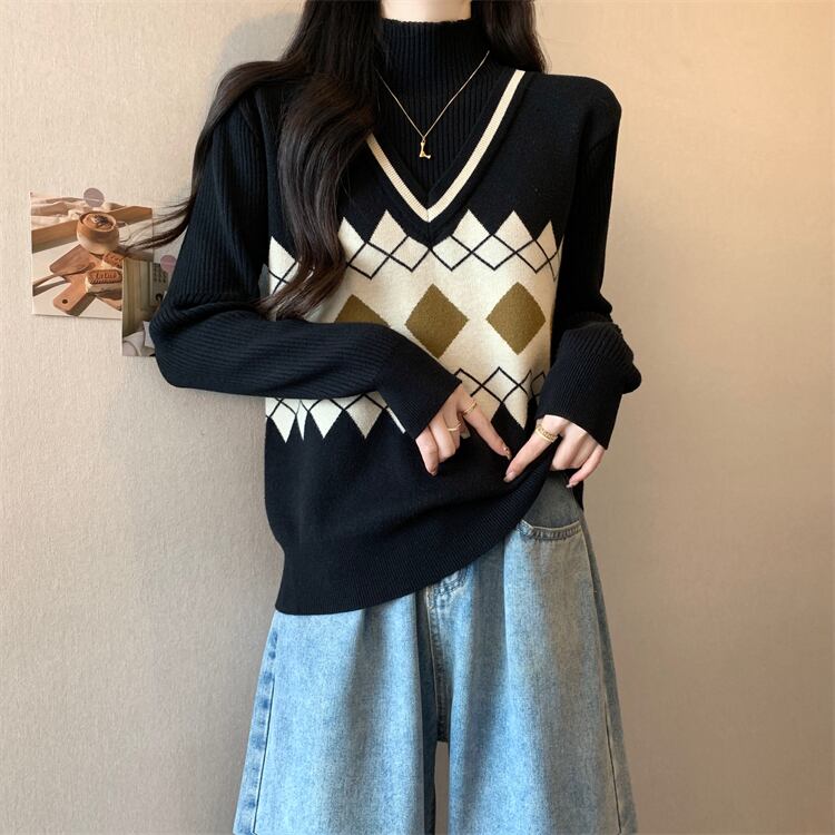 人気上昇中 レイヤード風 おしゃれ度高め 全2色 ニットトップスE-9583