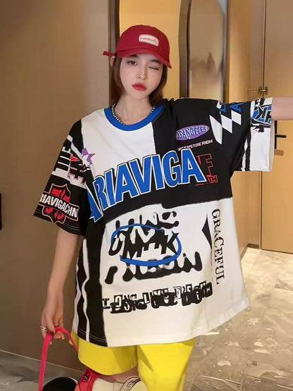 スタイルアップ効果抜群 レース アバンギャルド ダブルプリント全2色 半袖TシャツE-8980