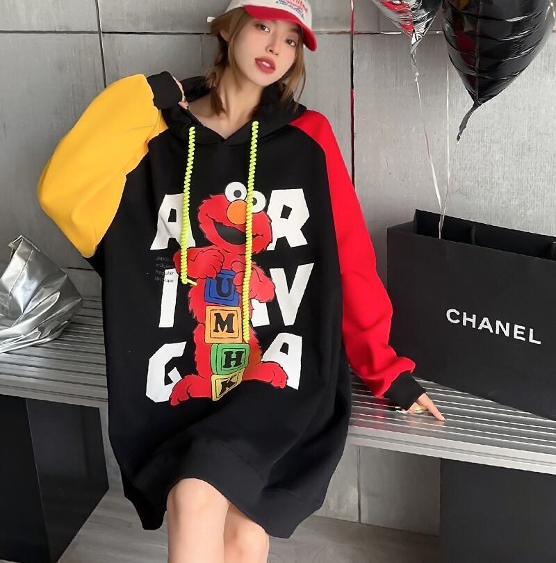 オーバーサイズ カラーマッチング アルファベットプリント フード付き ロングパーカE-4085