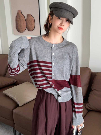 都市ファッショ デザイン オシャレ 切り替え ストライプ柄 ニットトップスE-9581
