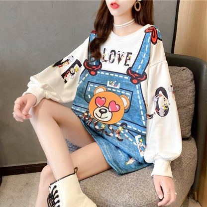 着心地抜群 女性力を高める ラウンドネック カートゥーンプリント スウェット パーカーiEf-2923