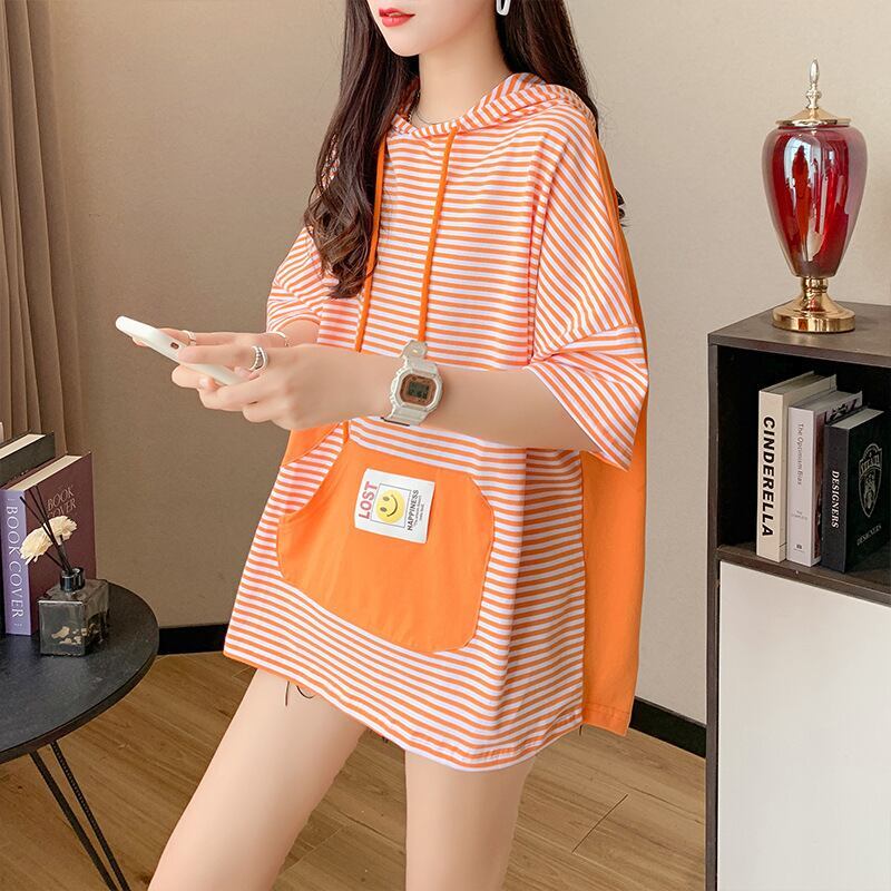 スタイルアップ効果抜群 ストライプ柄 アバンギャルド 切り替え レース プリント全2色 半袖TシャツE-9111