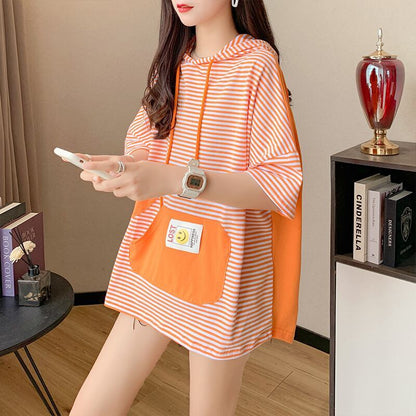 スタイルアップ効果抜群 ストライプ柄 アバンギャルド 切り替え レース プリント全2色 半袖TシャツE-9111