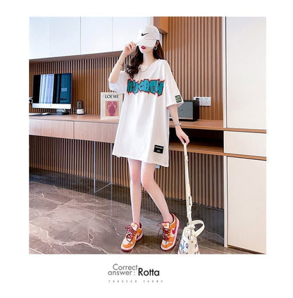 組み合わせやすい 数字ロゴ アルファベット プリントTシャツ ゆったり半袖＜ins-6527＞