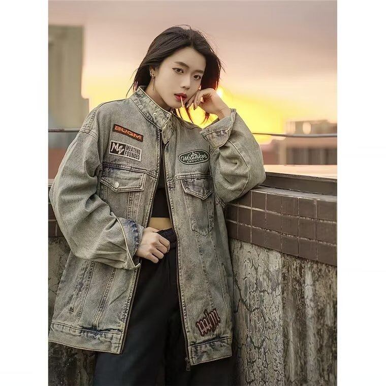 絶対流行 スタンドネック 高見えデザイン 男女兼用 デニム ジャケット ゆったり コートE-9312