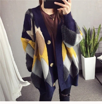 アーガイル オーバーサイズ ボア ニットカーディガン iEf-3833