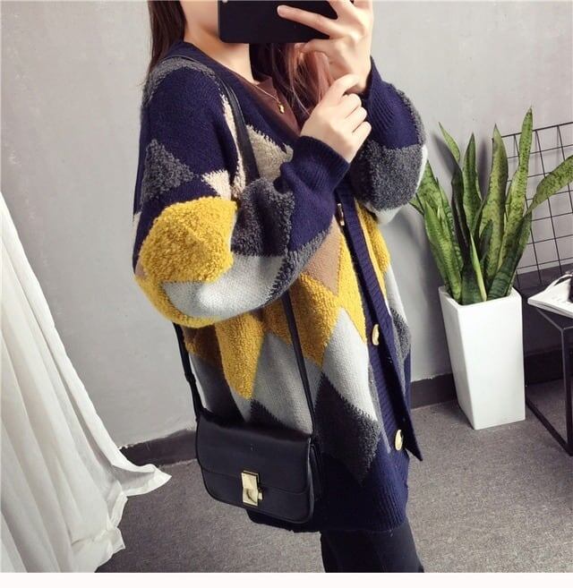 アーガイル オーバーサイズ ボア ニットカーディガン iEf-3833