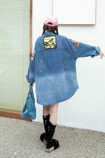 大活躍 刺?ロゴ 落書きストレート系 デニムジャケットゆったりコートiEf-4764